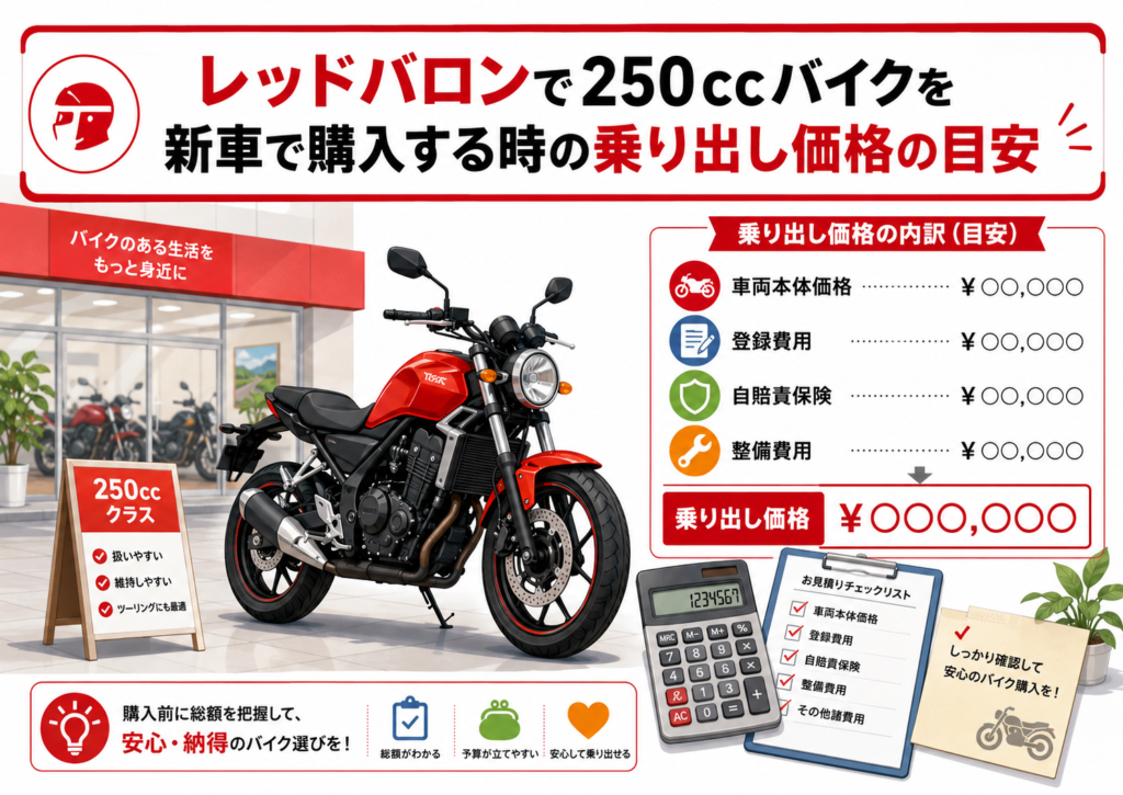 レッドバロンで250ccバイクを新車で購入する時の乗り出し価格の目安