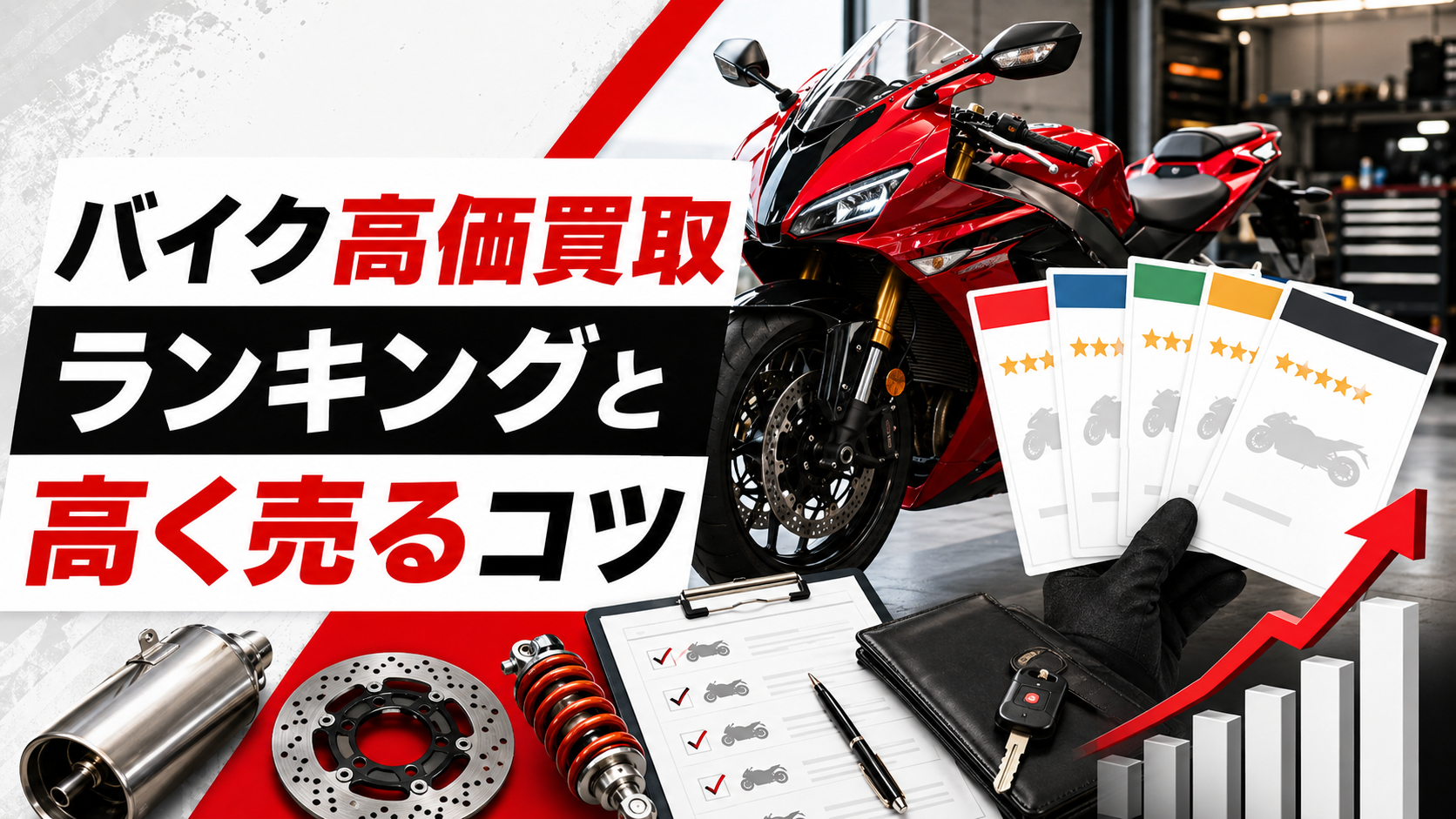 バイク高価買取ランキングと高く売るコツを示すイメージ
