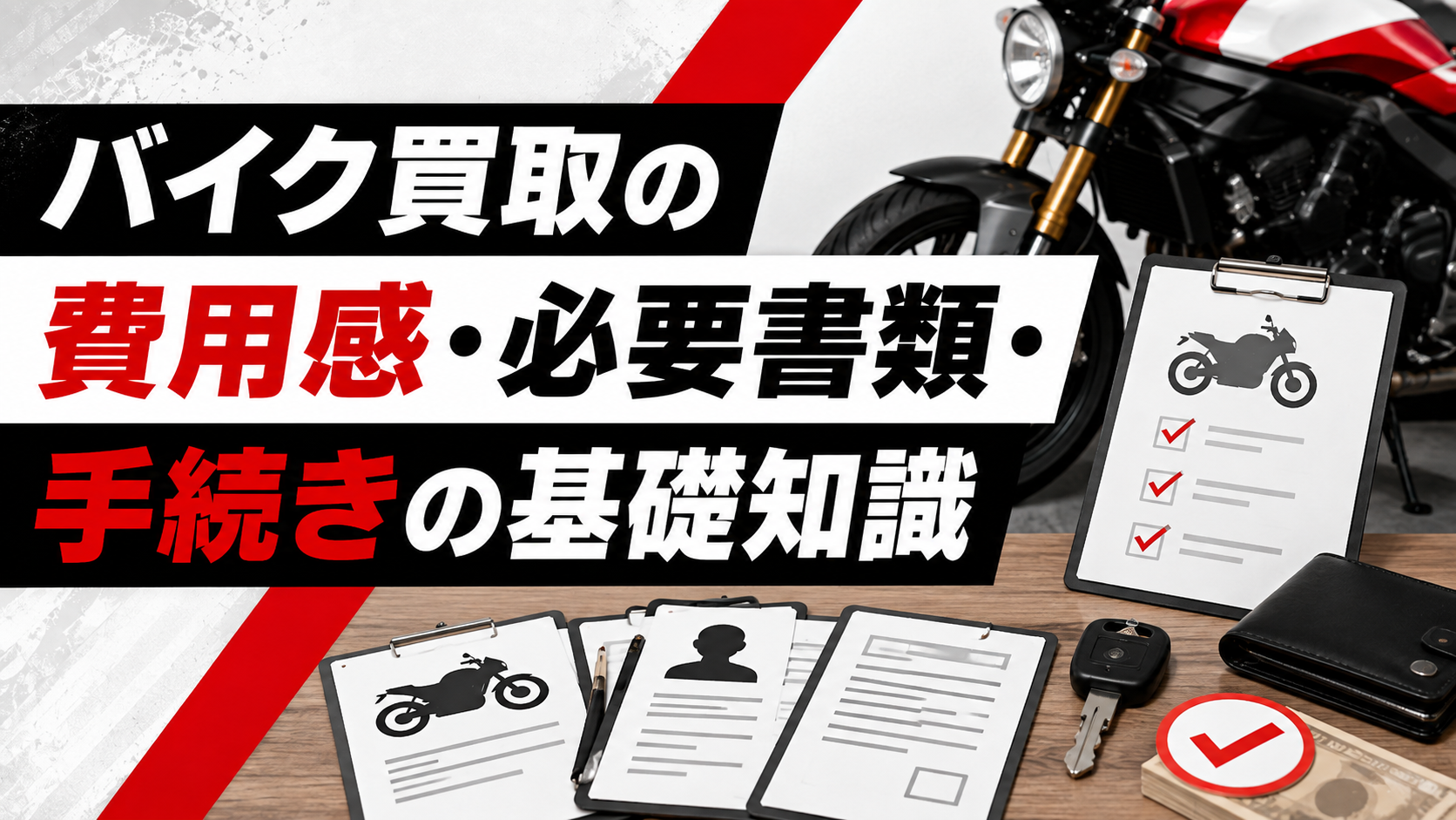 バイク買取の費用感・必要書類・手続きの基礎知識を示すイメージ