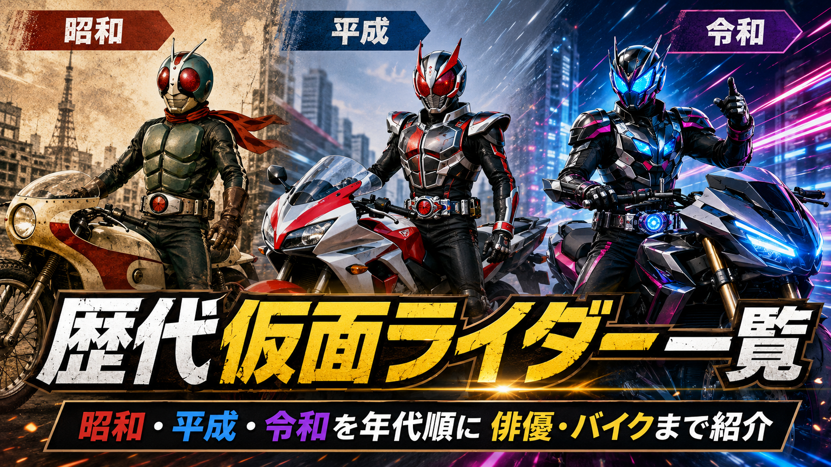 歴代仮面ライダー一覧｜昭和・平成・令和を年代順に俳優・バイクまで紹介