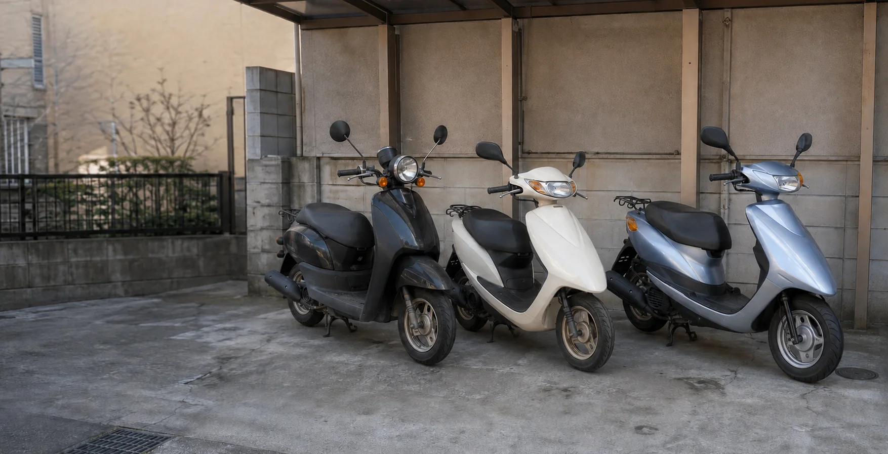 屋根付き駐輪場に並ぶトゥデイ・Dio AF68・JOGインジェクションの原付3台