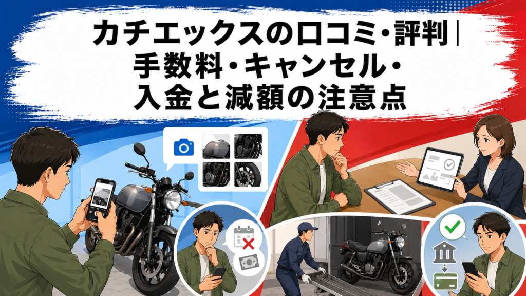 カチエックスの口コミ・評判と手数料・キャンセル・入金・減額の注意点を示す説明図