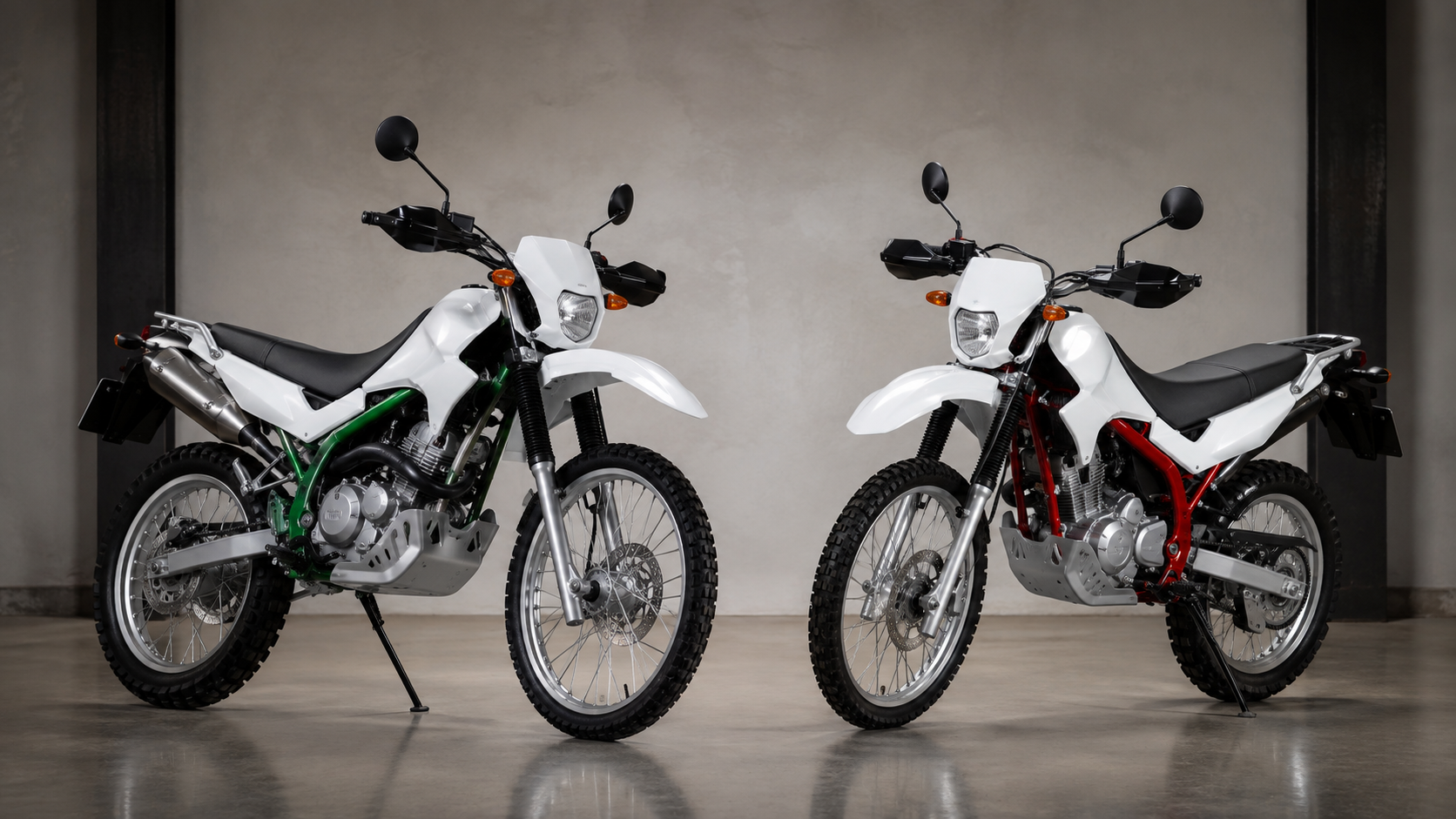 緑と赤のフレーム色で仕様を比較する2台のセロー250系車両