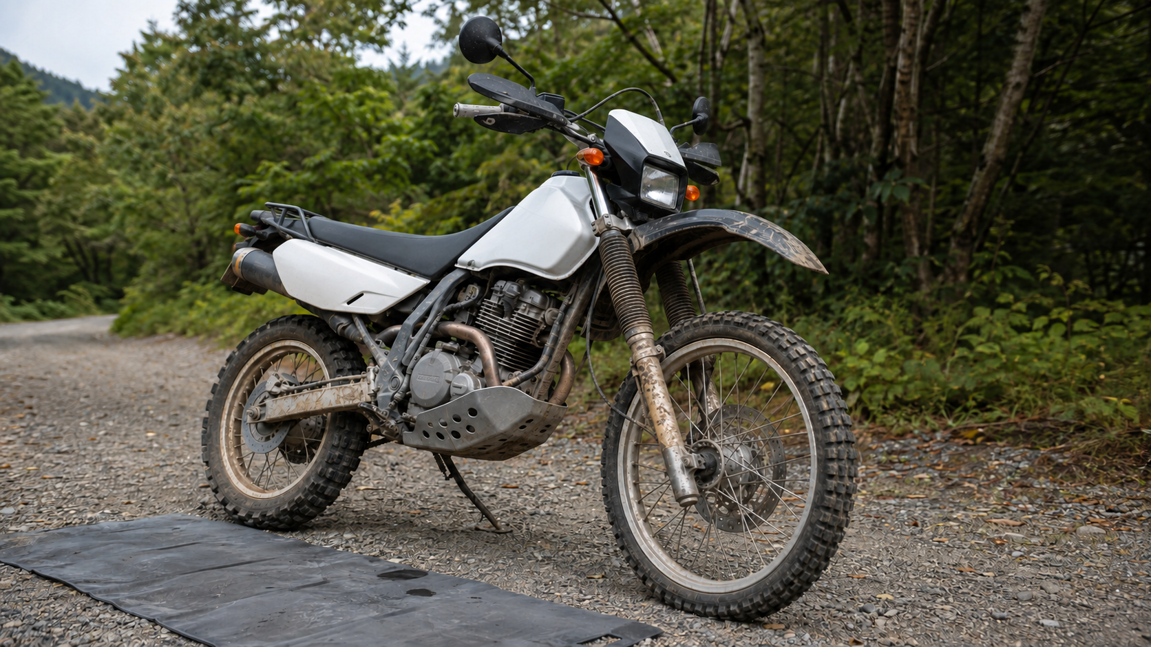 林道走行後のセロー250系車両と外装・足回り・アンダーガード