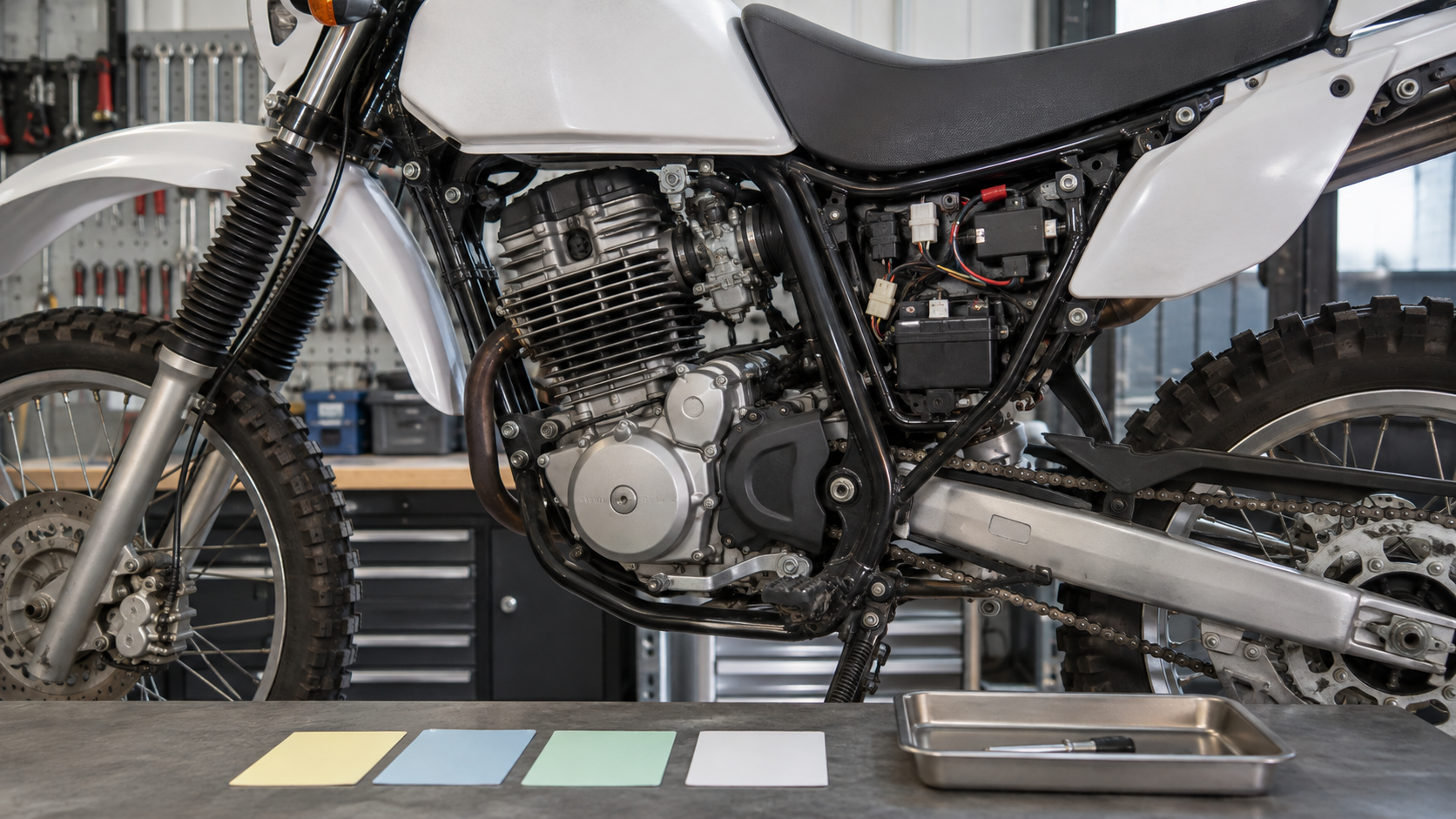 セロー250系車両の空冷単気筒エンジン・配線・バッテリー・チェーン周辺