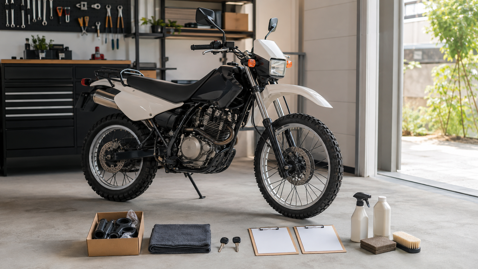 セロー250系車両と鍵・整備記録・純正部品・清掃用品をそろえたガレージ