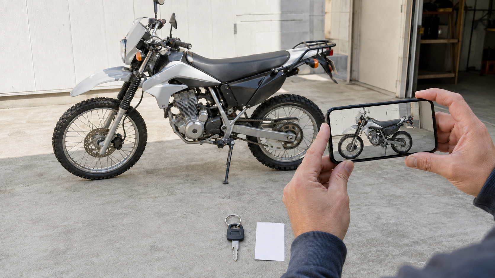 スマートフォンでセロー250系車両を撮影し鍵と記録も用意する様子