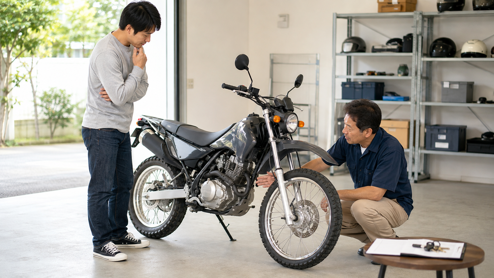セロー250系車両の前で査定担当者へ状態について質問する利用者