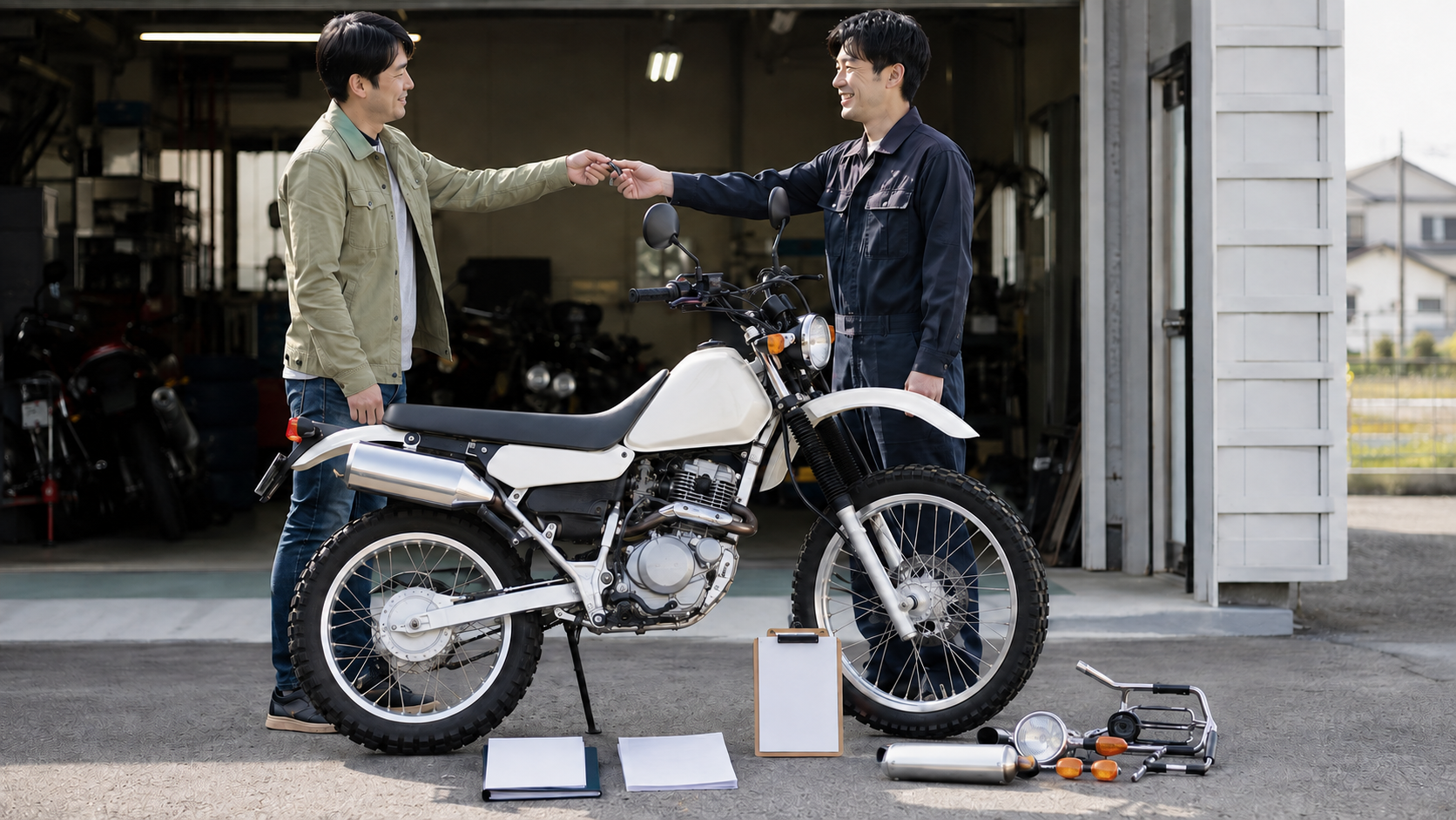セロー250系車両の引き渡しで鍵・記録・部品を確認する様子