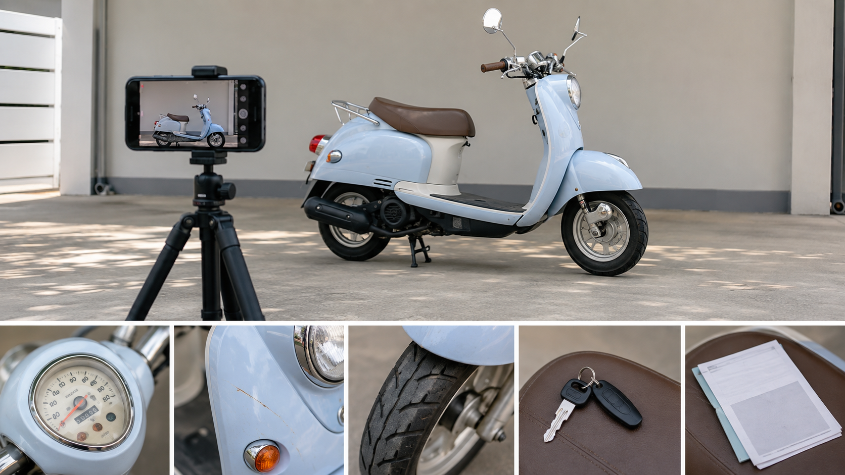 スマートフォンで車両全体とメーター、傷、タイヤ、鍵、書類を撮影する構成