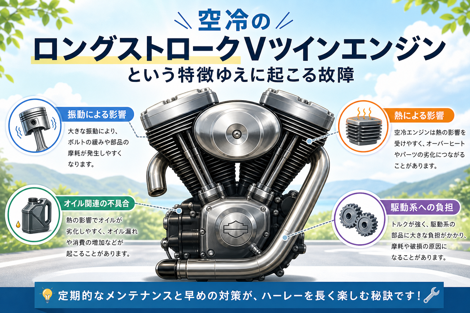 空冷のロングストロークVツインエンジンという特徴ゆえに起こる故障
