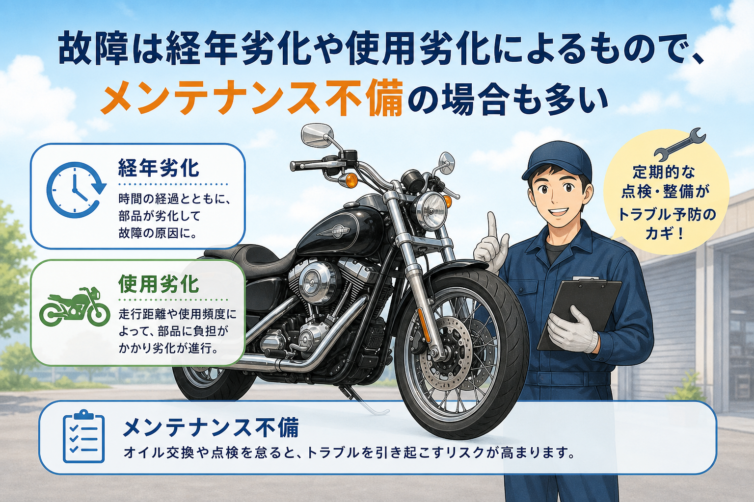 故障は経年劣化や使用劣化によるもので、メンテナンス不備の場合も多い