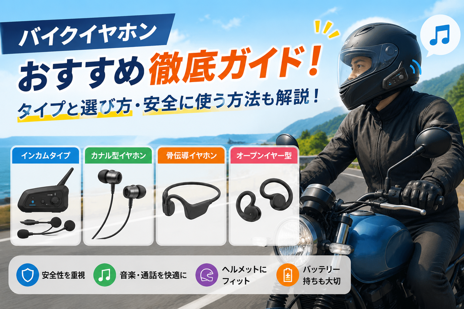 バイク用イヤホンの選び方｜ヘルメット対応Bluetoothと安全・違反